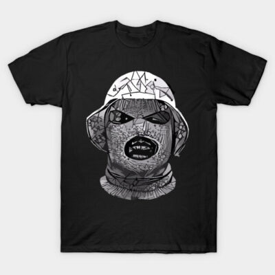 Black graphic t-shirt with abstract face design, short-sleeve, casual wear, soft cotton material.