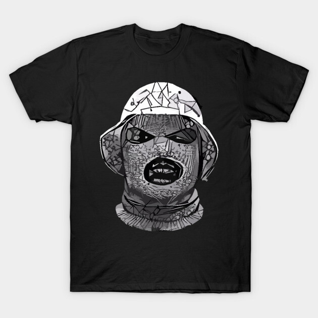 Black graphic t-shirt with abstract face design, short-sleeve, casual wear, soft cotton material.