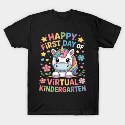 Black t-shirt with colorful unicorn and "Happy First Day of Virtual Kindergarten" text, ideal for children's events.