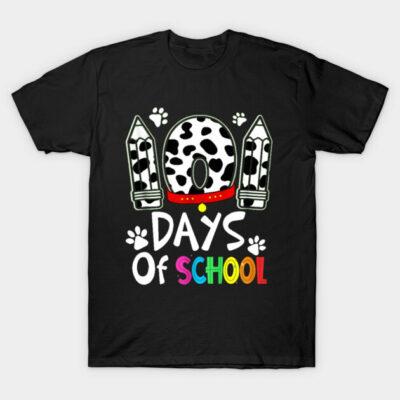 "Black t-shirt with '100 Days of School' design, featuring pencils and cow print pattern, perfect for school celebrations."