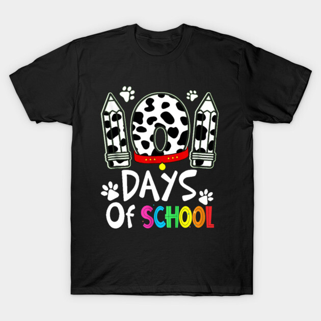 "Black t-shirt with '100 Days of School' design, featuring pencils and cow print pattern, perfect for school celebrations."