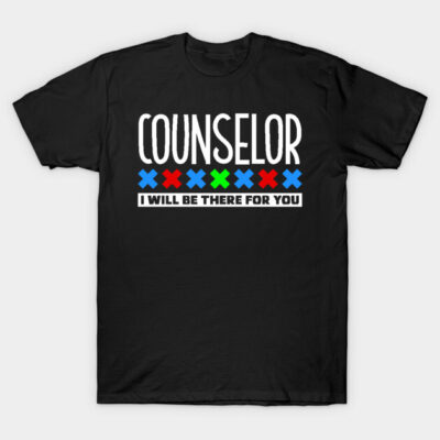 Black counselor t-shirt with colorful text design, casual style, perfect for everyday wear, made of cotton.