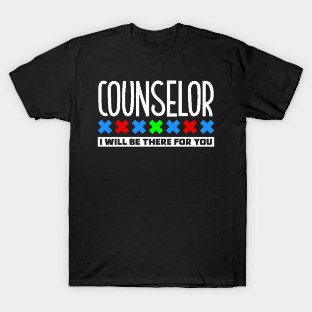 Black counselor t-shirt with colorful text design, casual style, perfect for everyday wear, made of cotton.