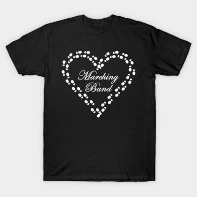 Black t-shirt with white heart design and "Marching Band" text, casual style, cotton material, unisex fit.