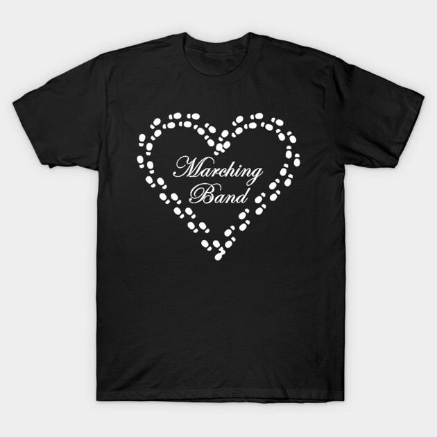 Black t-shirt with white heart design and "Marching Band" text, casual style, cotton material, unisex fit.