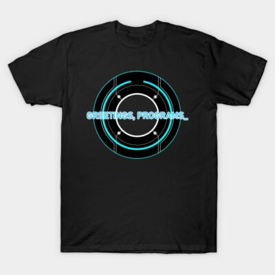 Black T-shirt with futuristic blue and white design, featuring "Greetings, Programs" text. Perfect for sci-fi fans.