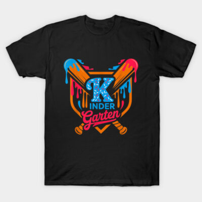 Black t-shirt with colorful kindergarten-themed graphic design, featuring dripping paint and playful text.