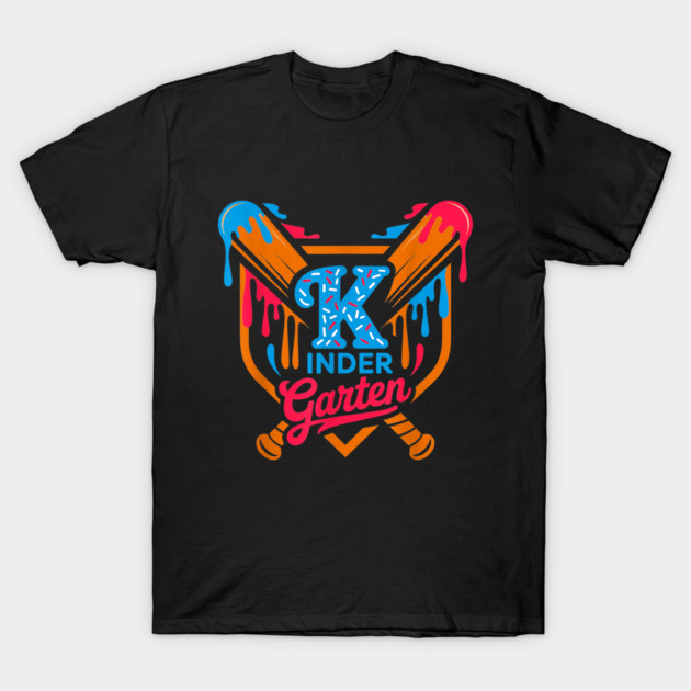 Black t-shirt with colorful kindergarten-themed graphic design, featuring dripping paint and playful text.