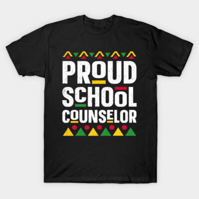 Black "Proud School Counselor" T-shirt with colorful geometric accents, ideal for educators, cotton material.