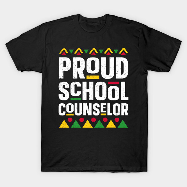 Black "Proud School Counselor" T-shirt with colorful geometric accents, ideal for educators, cotton material.