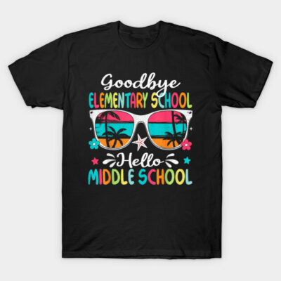 Black t-shirt with colorful "Goodbye Elementary, Hello Middle School" print featuring sunglasses and tropical design.