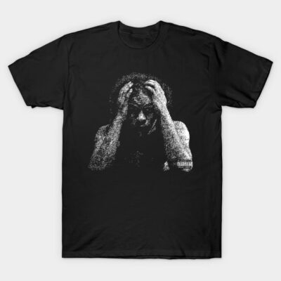 Black graphic t-shirt featuring distressed artwork, casual cotton design, ideal for everyday wear.
