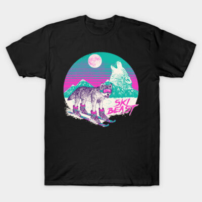 Black T-shirt with retro ski beast design, featuring vibrant pink and teal colors, perfect for winter sports enthusiasts.