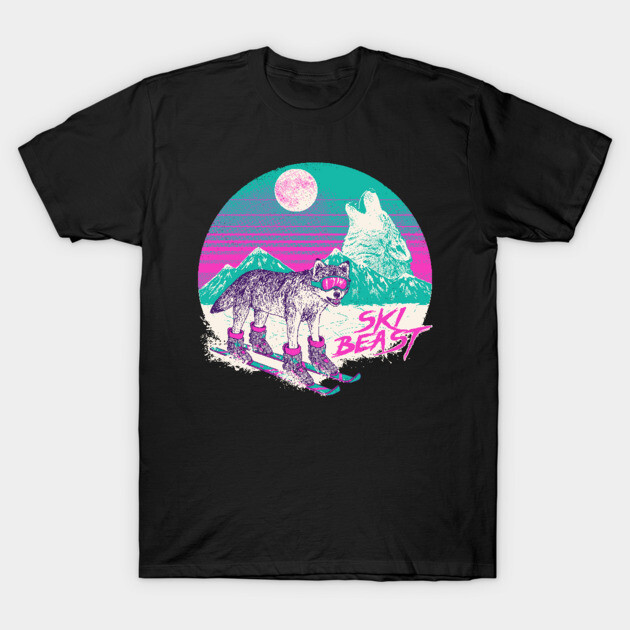 Black T-shirt with retro ski beast design, featuring vibrant pink and teal colors, perfect for winter sports enthusiasts.