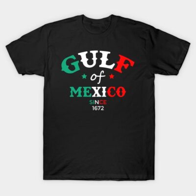 Black "Gulf of Mexico" graphic t-shirt, featuring colorful text design, casual wear, 100% cotton material.