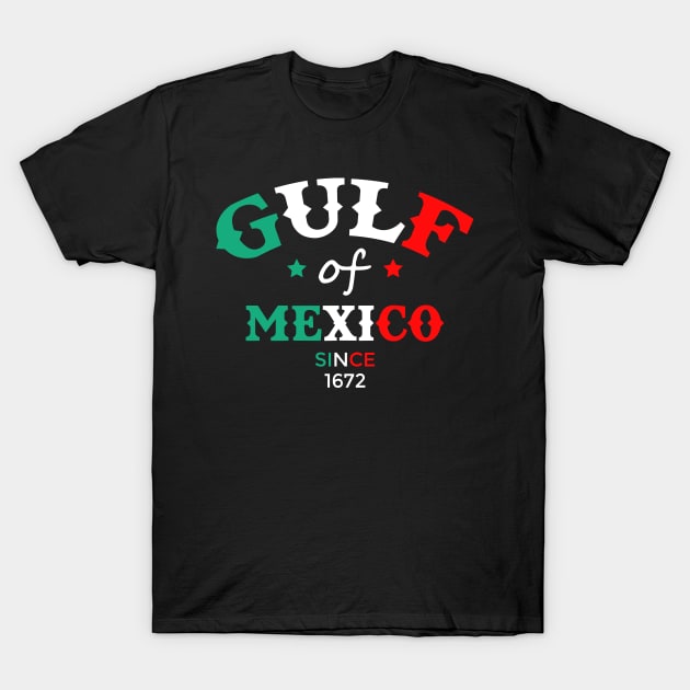 Black "Gulf of Mexico" graphic t-shirt, featuring colorful text design, casual wear, 100% cotton material.