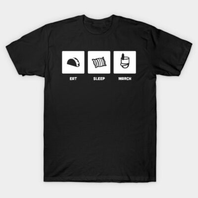 Black T-shirt with "Eat Sleep March" design, featuring icons. Casual cotton tee for everyday wear or marching band enthusiasts.