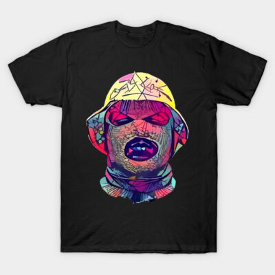 Black graphic t-shirt with vibrant abstract face design, casual style, made of 100% cotton for everyday wear.