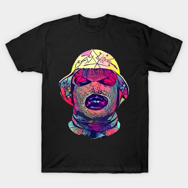 Black graphic t-shirt with vibrant abstract face design, casual style, made of 100% cotton for everyday wear.