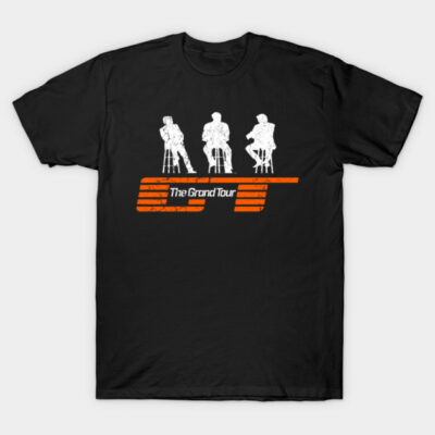 Black t-shirt with white and orange graphic design featuring three seated figures, casual wear, cotton fabric.