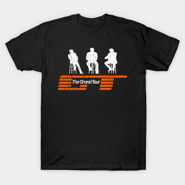 Black t-shirt with white and orange graphic design featuring three seated figures, casual wear, cotton fabric.