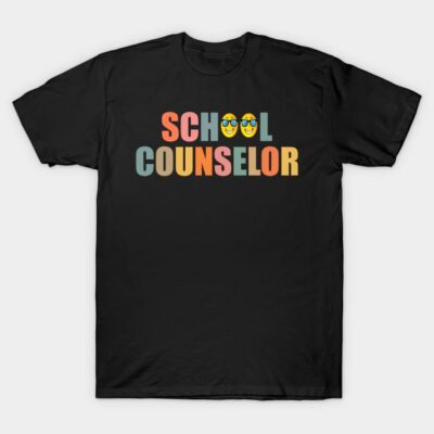Black "School Counselor" t-shirt with colorful text and emoji design. Perfect for casual wear and school events.