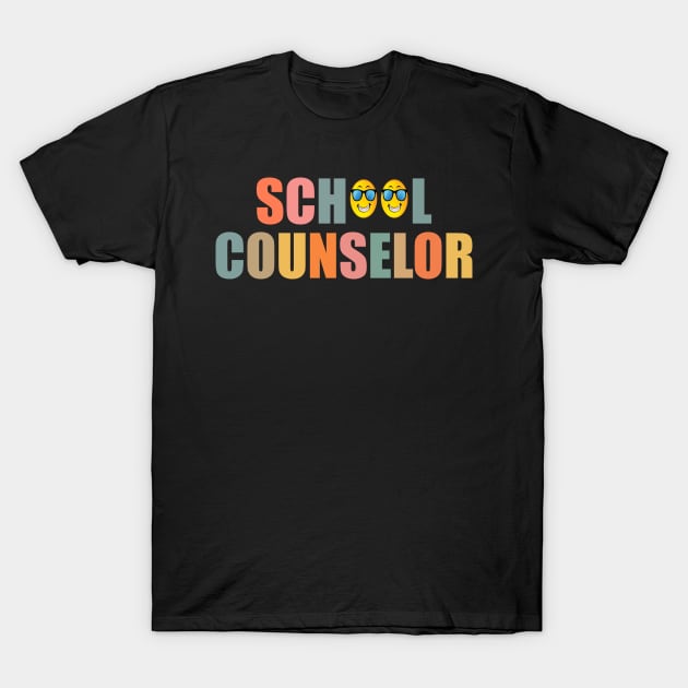 Black "School Counselor" t-shirt with colorful text and emoji design. Perfect for casual wear and school events.