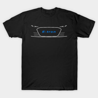 Black cotton t-shirt featuring a blue "E-tron" graphic design on the front, casual wear.