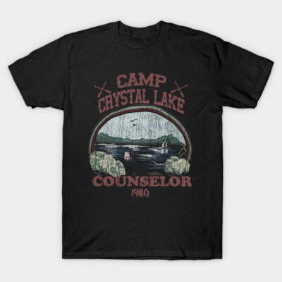 Black "Camp Crystal Lake Counselor" T-shirt, vintage style, featuring lake and forest graphic, 100% cotton.