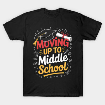 Black "Moving Up to Middle School" T-shirt with colorful graduation-themed design, perfect for students.