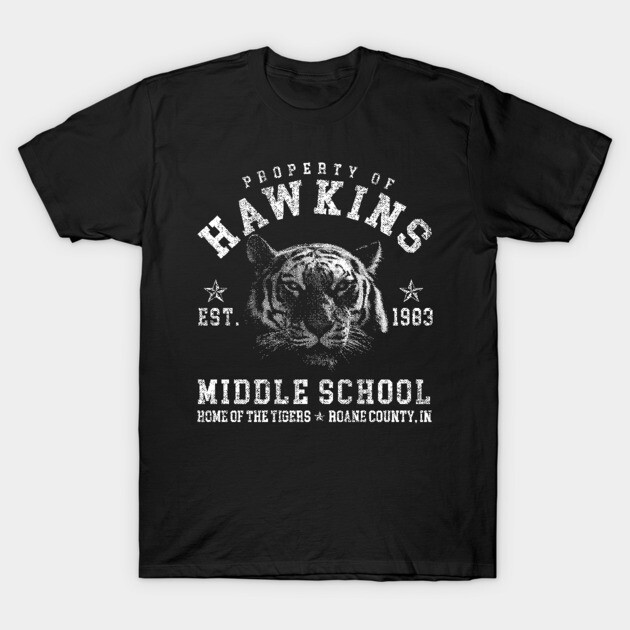 Black Hawkins Middle School t-shirt with vintage tiger graphic, casual style, cotton fabric, perfect for everyday wear.