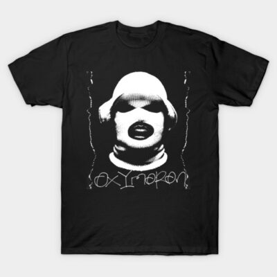 Black graphic t-shirt with abstract white design, bold text "Oxymoron." Casual cotton tee for everyday wear.