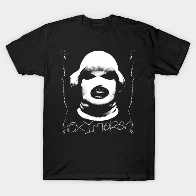 Black graphic t-shirt with abstract white design, bold text "Oxymoron." Casual cotton tee for everyday wear.