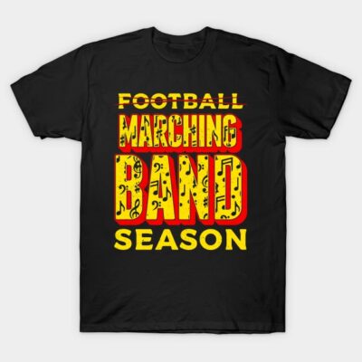 Black t-shirt with bold yellow and red text "Marching Band Season," featuring musical notes, for music enthusiasts.