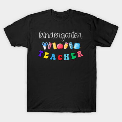 Black "Kindergarten Teacher" T-shirt with colorful text and school-themed graphics, perfect for educators.