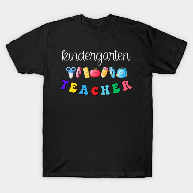 Black "Kindergarten Teacher" T-shirt with colorful text and school-themed graphics, perfect for educators.