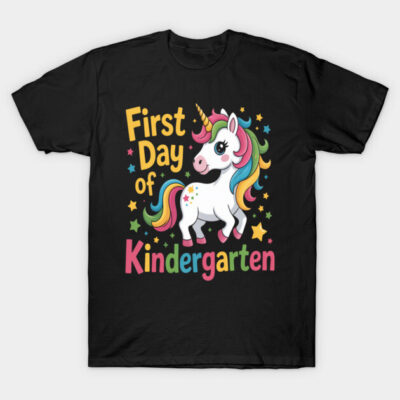 Black t-shirt featuring colorful unicorn design with "First Day of Kindergarten" text, perfect for school events.