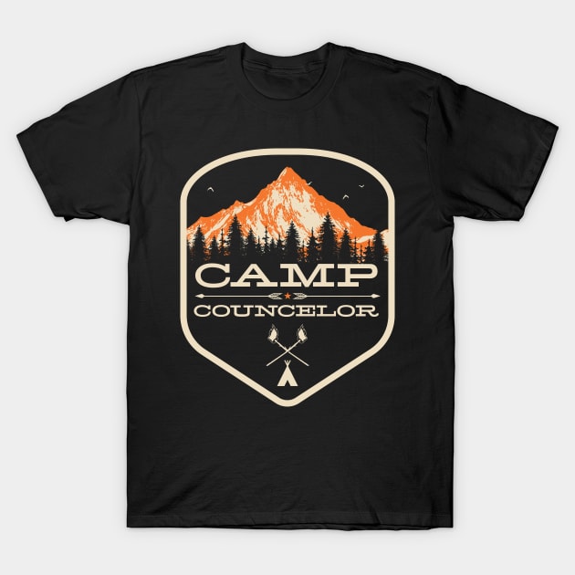 Black camp counselor T-shirt with mountain and forest graphic, ideal for outdoor enthusiasts, 100% cotton.