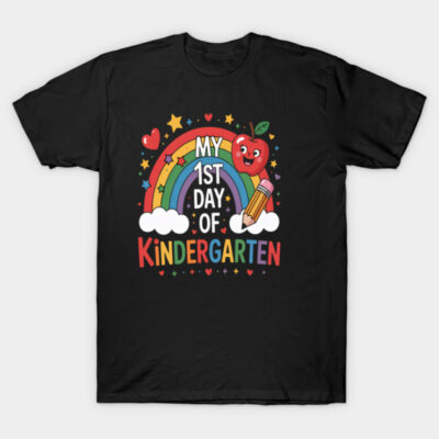 Black t-shirt with colorful "My 1st Day of Kindergarten" design, featuring rainbow, apple, and pencil graphics.