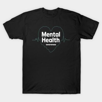 Black t-shirt with "Mental Health Awareness" text and heart design, casual style, cotton material.