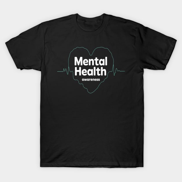Black t-shirt with "Mental Health Awareness" text and heart design, casual style, cotton material.