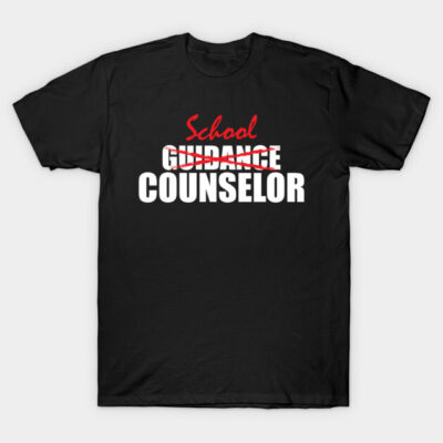 Black t-shirt with "School Counselor" text in red and white, casual style, unisex, perfect for educators and counselors.