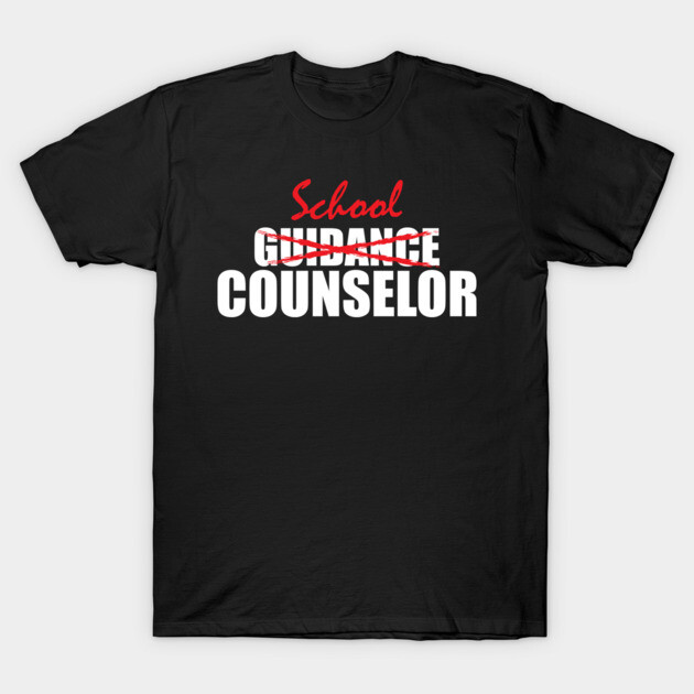 Black t-shirt with "School Counselor" text in red and white, casual style, unisex, perfect for educators and counselors.