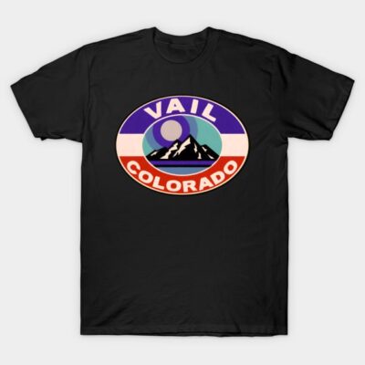 Black t-shirt with Vail Colorado mountain graphic, retro style, comfortable cotton, casual wear.