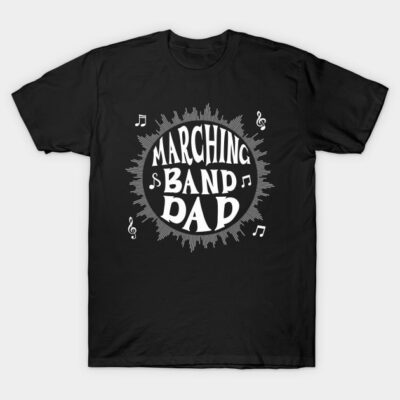 Black Marching Band Dad T-shirt with musical notes design, casual cotton apparel for music enthusiasts.