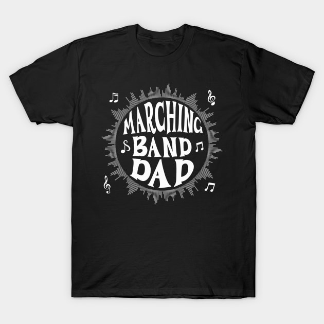 Black Marching Band Dad T-shirt with musical notes design, casual cotton apparel for music enthusiasts.