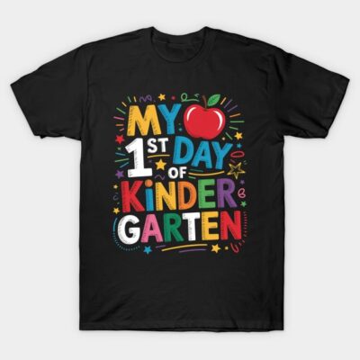 Black t-shirt with colorful "My 1st Day of Kindergarten" graphic, perfect for back-to-school celebrations.
