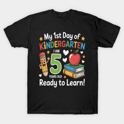 Black "My 1st Day of Kindergarten" T-shirt, colorful design with pencil, apple, and books, perfect for 5-year-olds.