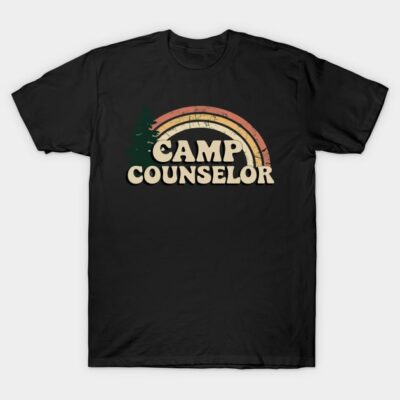 Black "Camp Counselor" T-shirt with vintage rainbow and tree design, casual style, perfect for outdoor enthusiasts.
