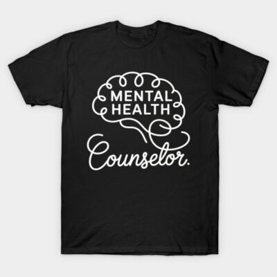 Black "Mental Health Counselor" t-shirt with brain design, cotton material, casual style, unisex, short sleeves.